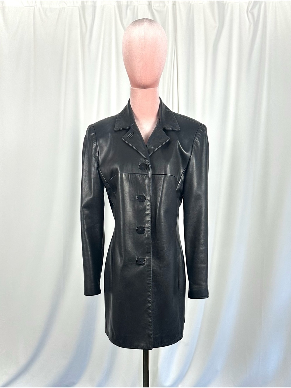Vintage Danier Black Genuine Leather Long Fitted Coat Small